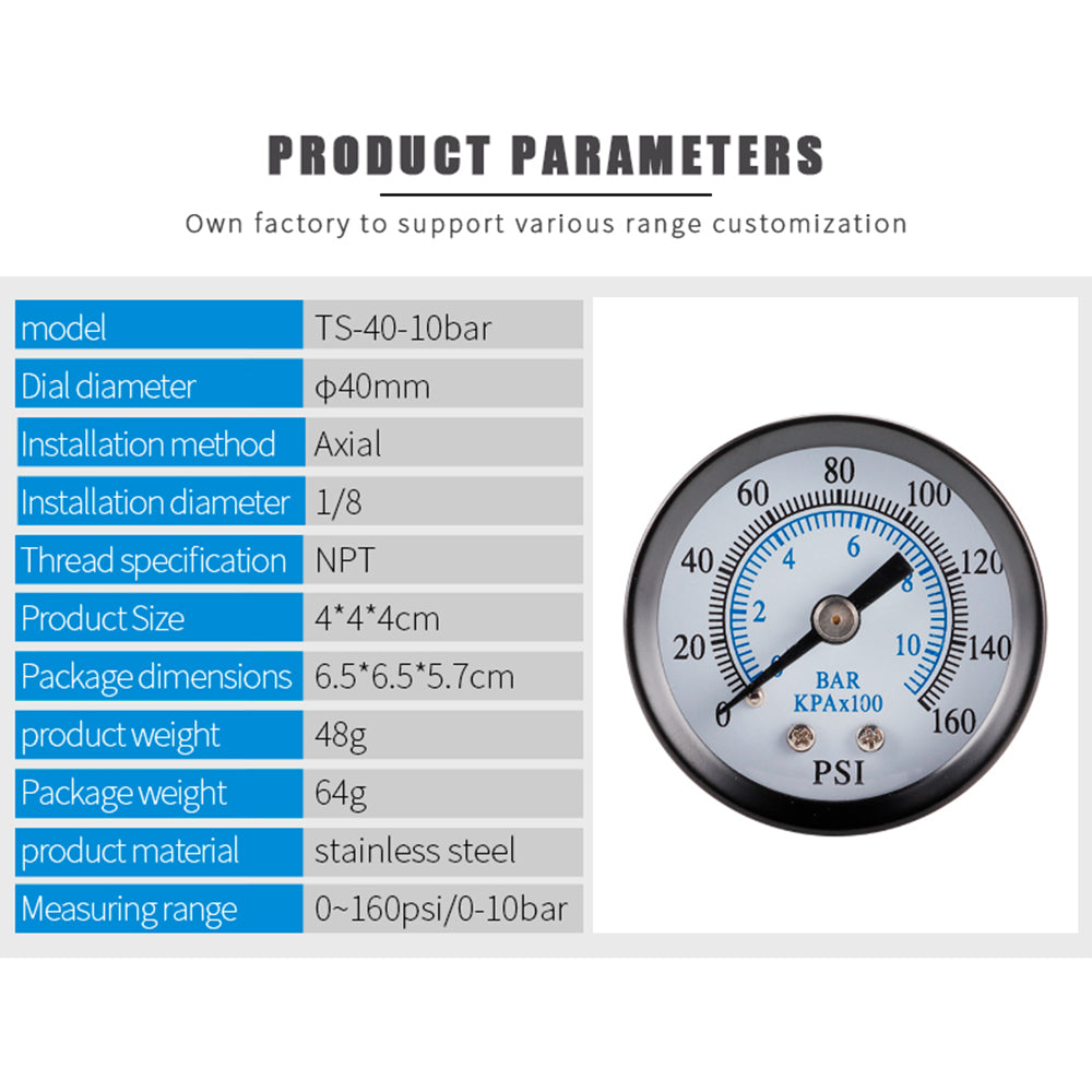 TS-40-10bar 0-160 PSI Range Pressure Gauge Stainless Steel Dual Scale Economical All Purpose Pressure Water Pressure Gauge TS-40-10bar 0-160 PSI Range Pressure Gauge Stainless Steel Dual Scale Economical All Purpose Pressure Water Pressure Gauge